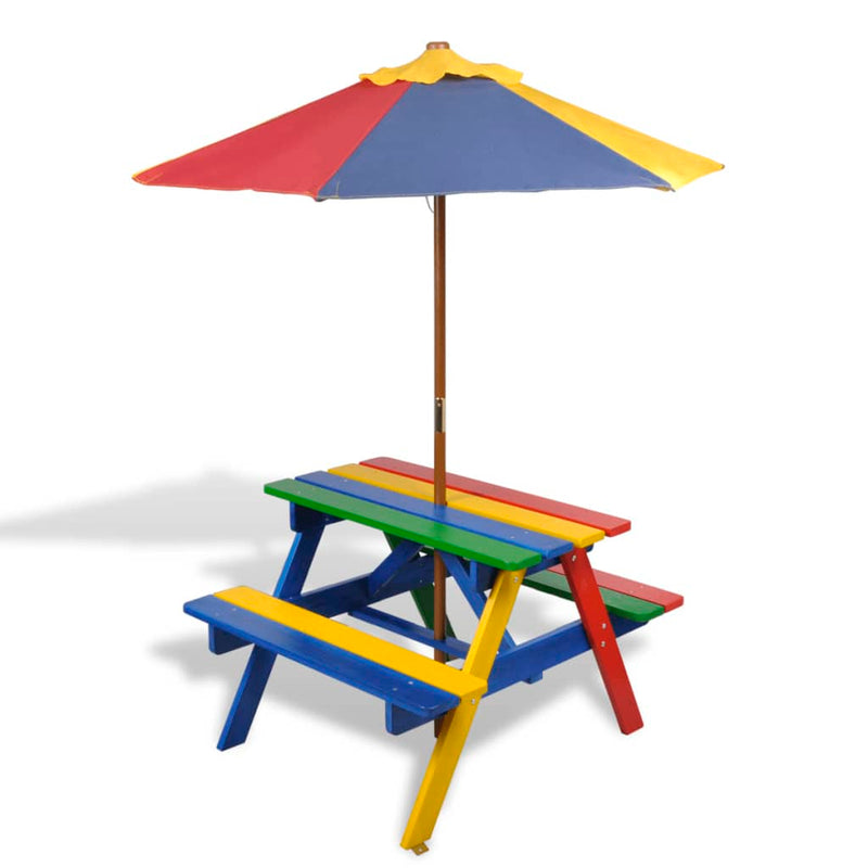 Kinderpicknicktafel met banken en parasol hout meerkleurig MeubelReus