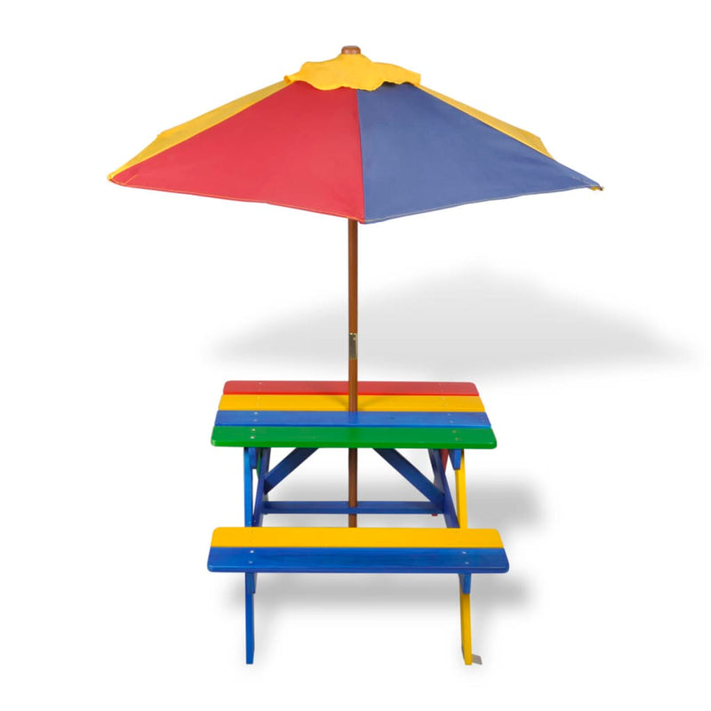 Kinderpicknicktafel met banken en parasol hout meerkleurig MeubelReus