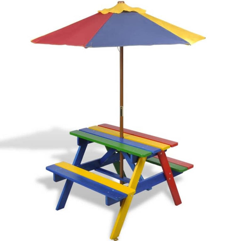 Kinderpicknicktafel met banken en parasol hout meerkleurig MeubelReus