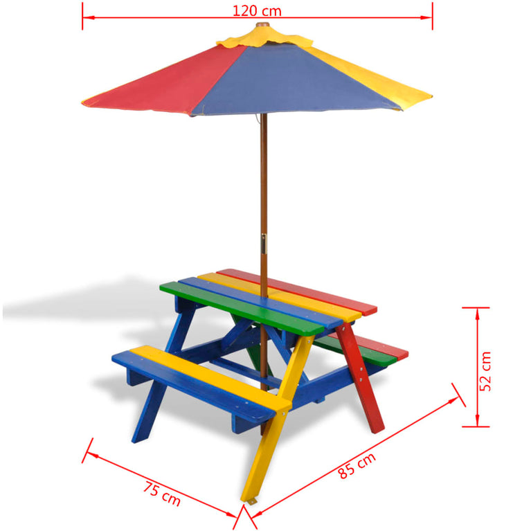 Kinderpicknicktafel met banken en parasol hout meerkleurig MeubelReus