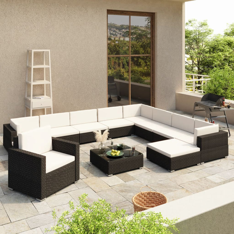 12-delige Loungeset met kussens poly rattan zwart MeubelReus