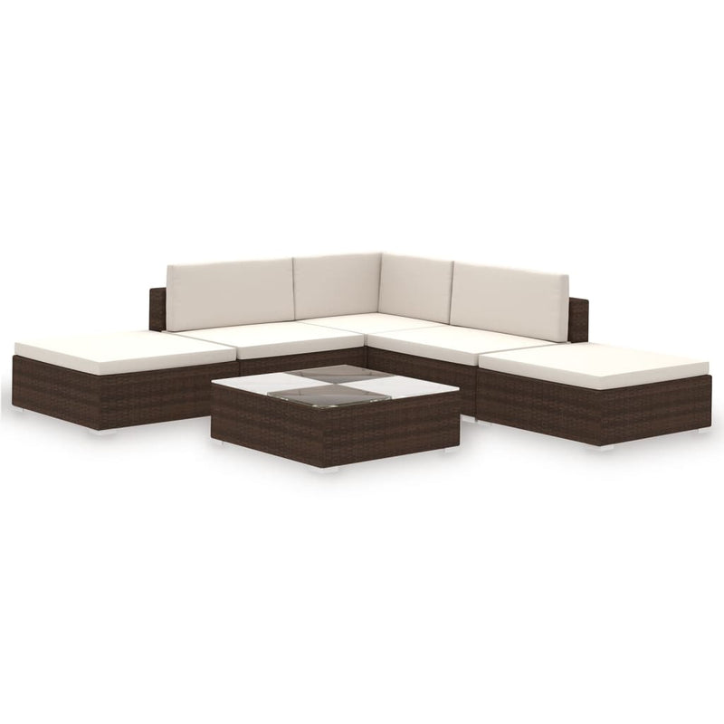 6-delige Loungeset met kussens poly rattan bruin