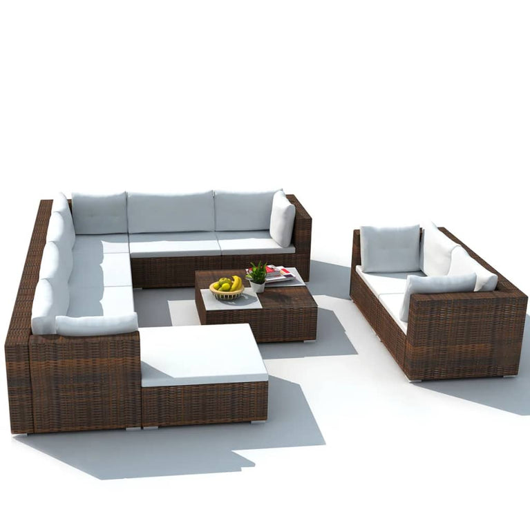 10-delige Loungeset met kussens poly rattan bruin MeubelReus