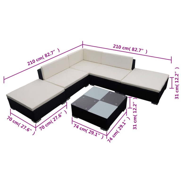 6-delige Loungeset met kussens poly rattan zwart