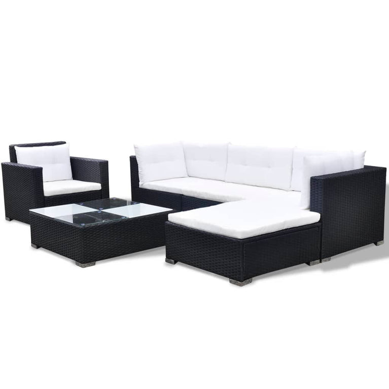 6-delige Loungeset met kussens poly rattan zwart