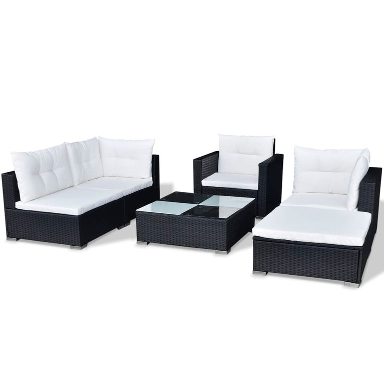 6-delige Loungeset met kussens poly rattan zwart