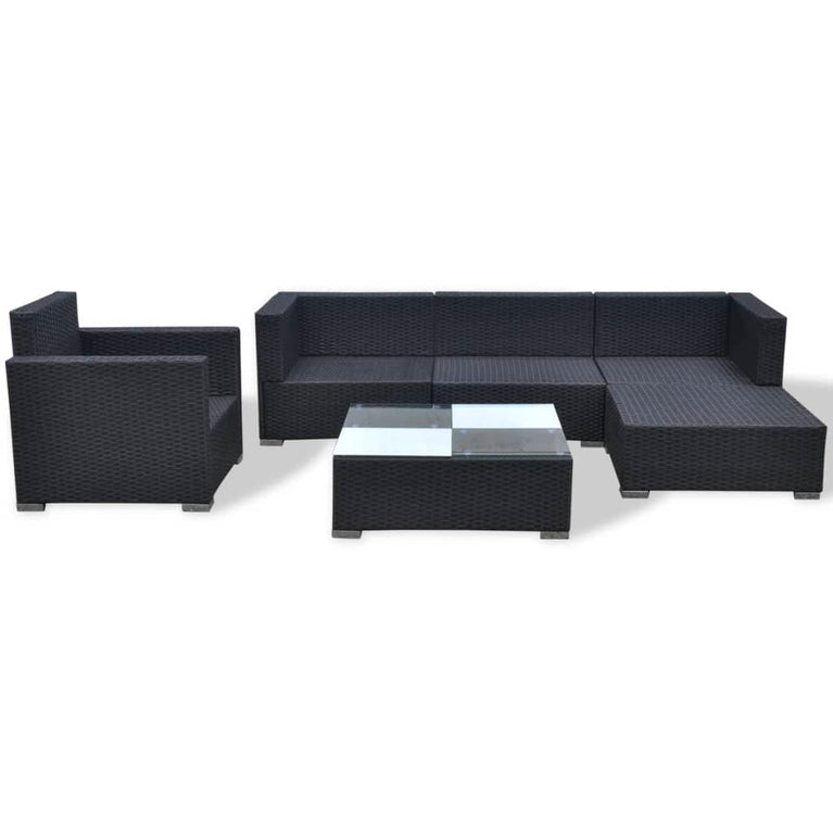 6-delige Loungeset met kussens poly rattan zwart