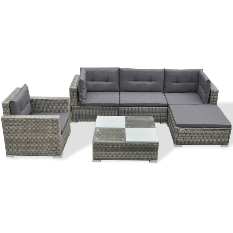 6-delige Loungeset met kussens poly rattan grijs