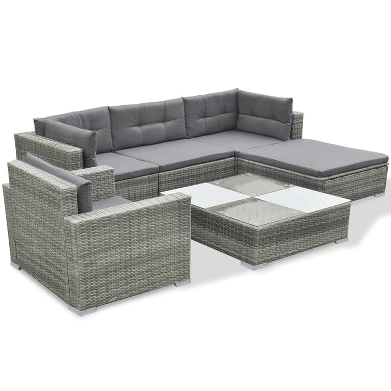 6-delige Loungeset met kussens poly rattan grijs