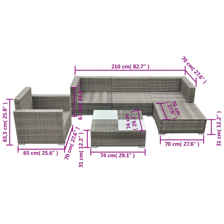 6-delige Loungeset met kussens poly rattan grijs