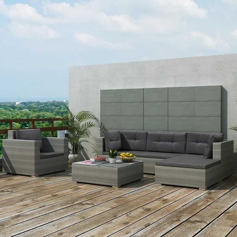 6-delige Loungeset met kussens poly rattan grijs