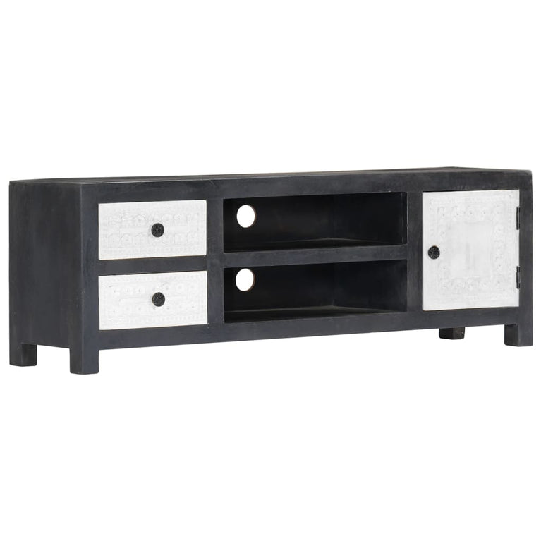 Tv-meubel handgesneden 120x30x40 cm massief mangohout grijs wit MeubelReus