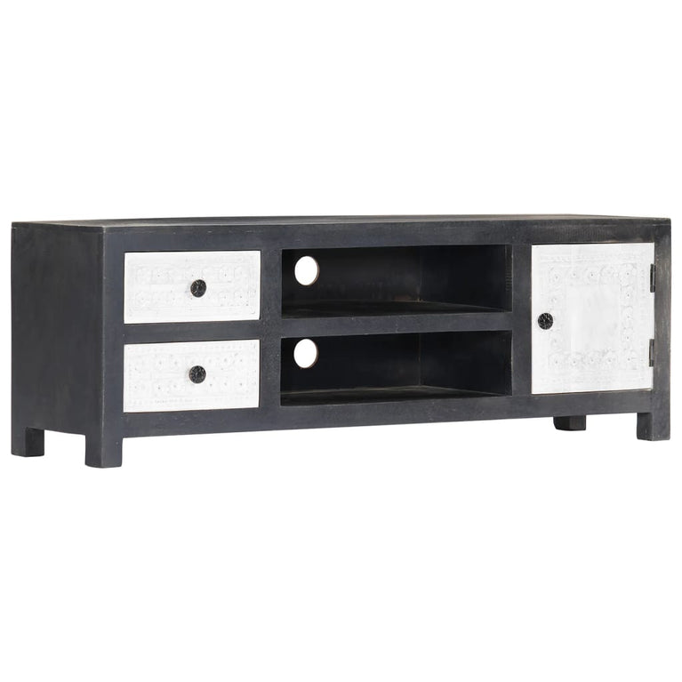 Tv-meubel handgesneden 120x30x40 cm massief mangohout grijs wit MeubelReus
