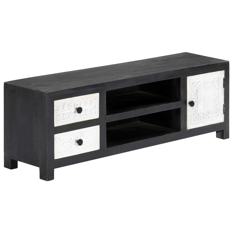 Tv-meubel handgesneden 120x30x40 cm massief mangohout grijs wit MeubelReus
