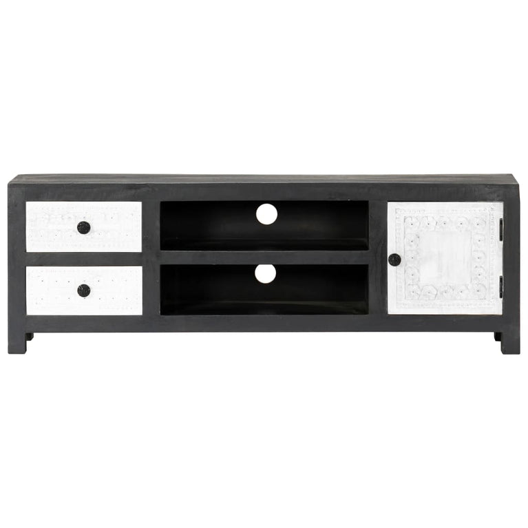 Tv-meubel handgesneden 120x30x40 cm massief mangohout grijs wit MeubelReus