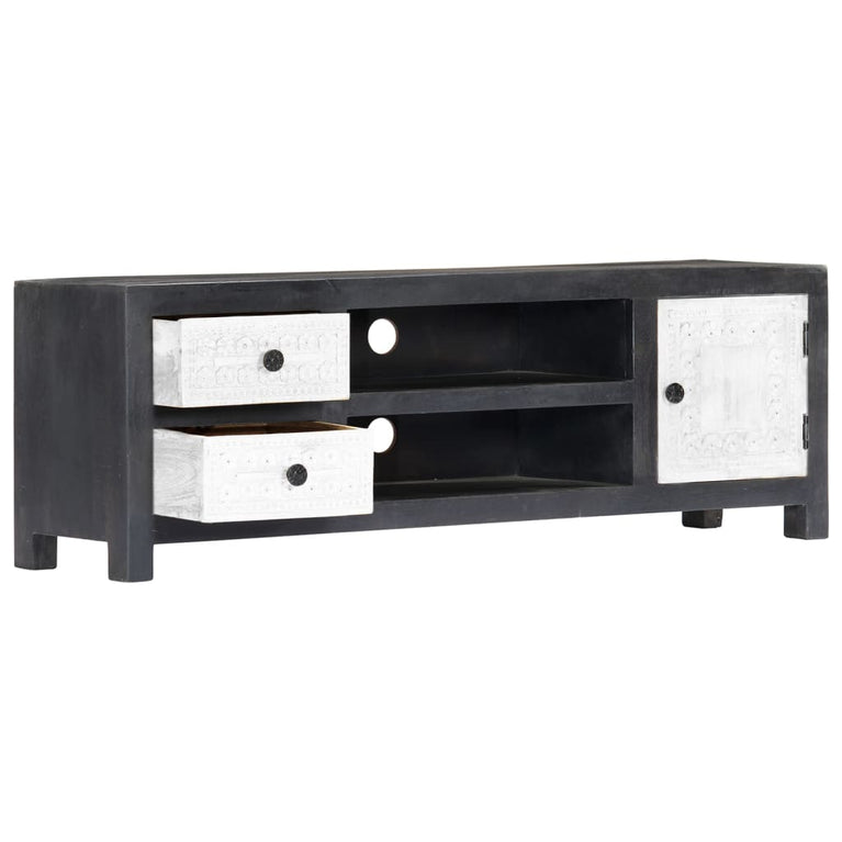 Tv-meubel handgesneden 120x30x40 cm massief mangohout grijs wit MeubelReus