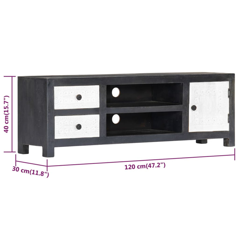 Tv-meubel handgesneden 120x30x40 cm massief mangohout grijs wit MeubelReus