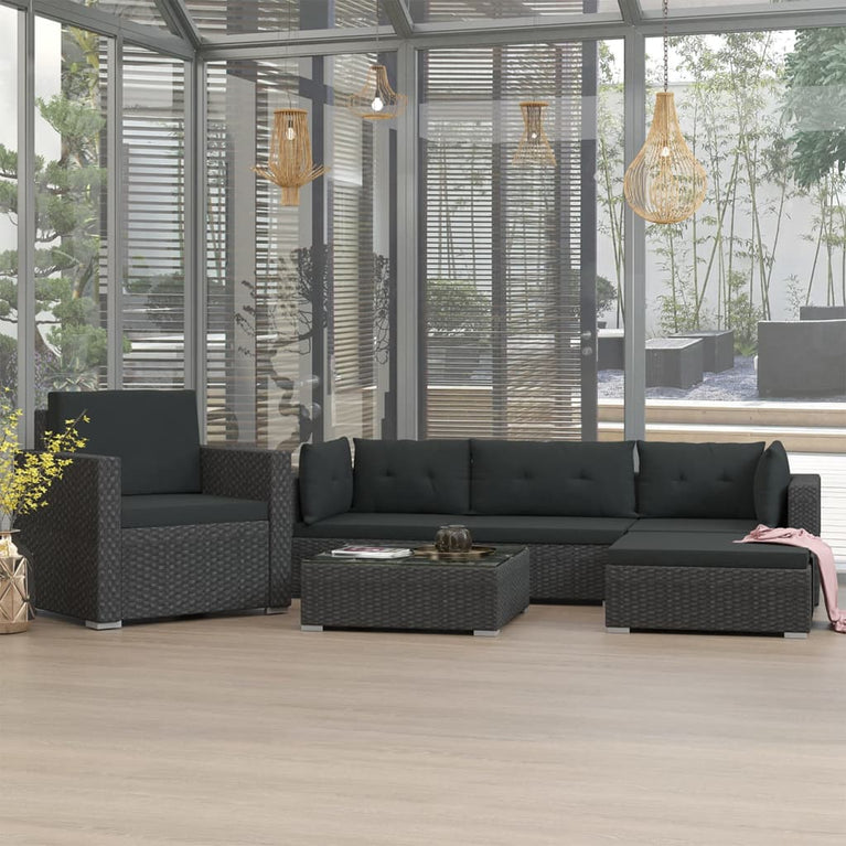 6-delige Loungeset met kussens poly rattan zwart MeubelReus