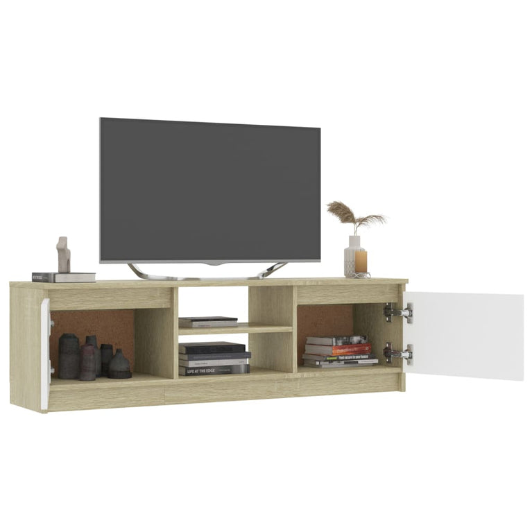 Tv-meubel 120x30x35,5cm bewerkt hout wit en sonoma eikenkleurig