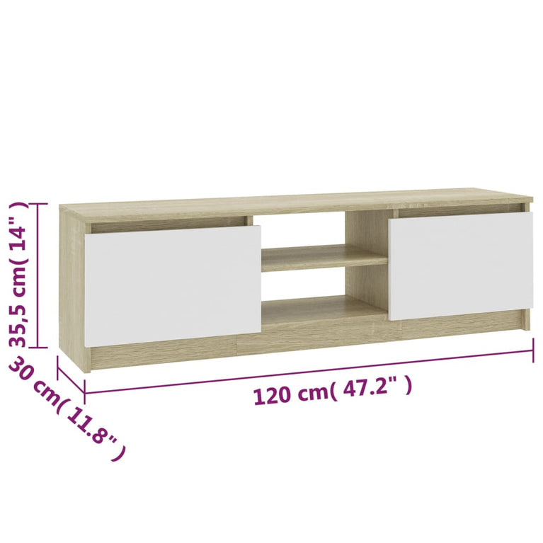 Tv-meubel 120x30x35,5cm bewerkt hout wit en sonoma eikenkleurig