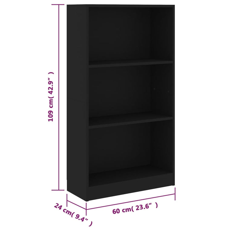 Boekenkast met 3 schappen 60x24x109 cm bewerkt hout zwart MeubelReus