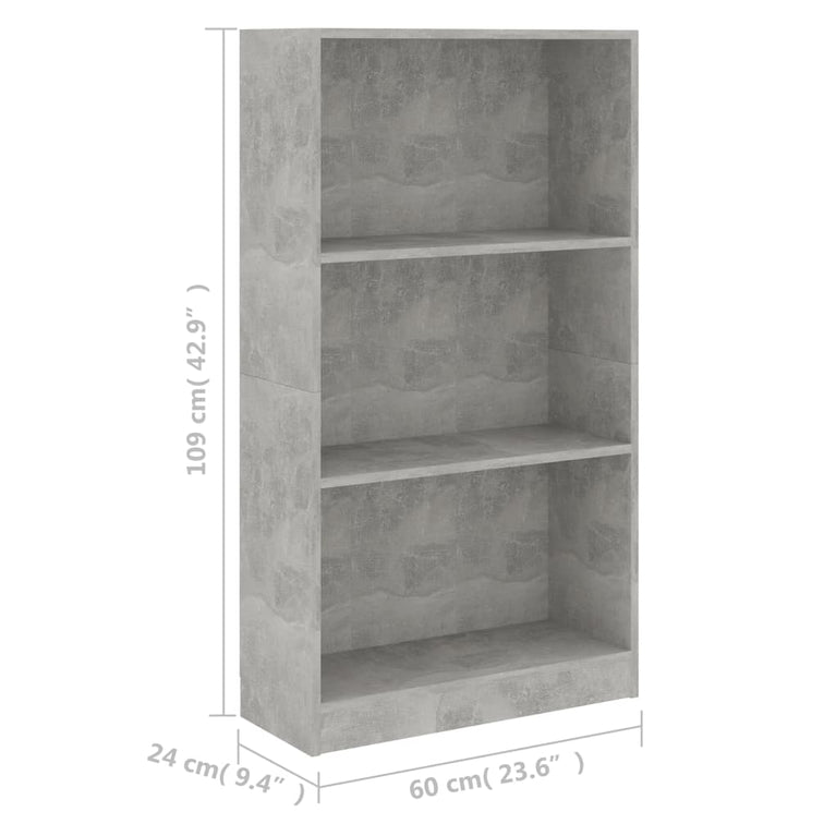 Boekenkast met 3 schappen 60x24x109 cm bewerkt hout betongrijs MeubelReus