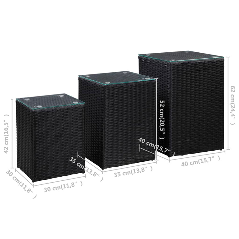 3-delige Bijzettafelset met glazen blad poly rattan zwart MeubelReus