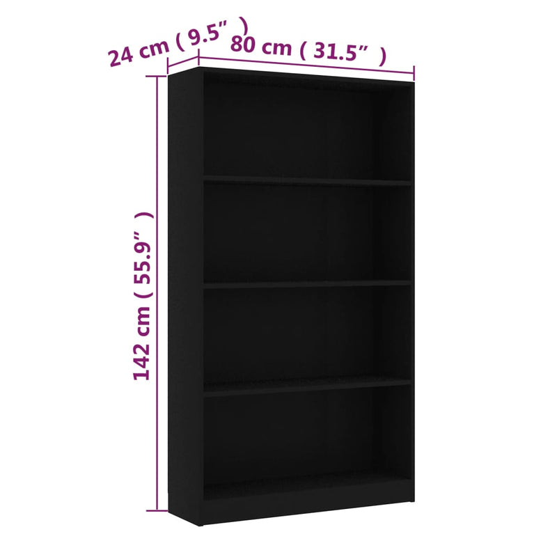 Boekenkast met 4 schappen 80x24x142 cm bewerkt hout zwart MeubelReus