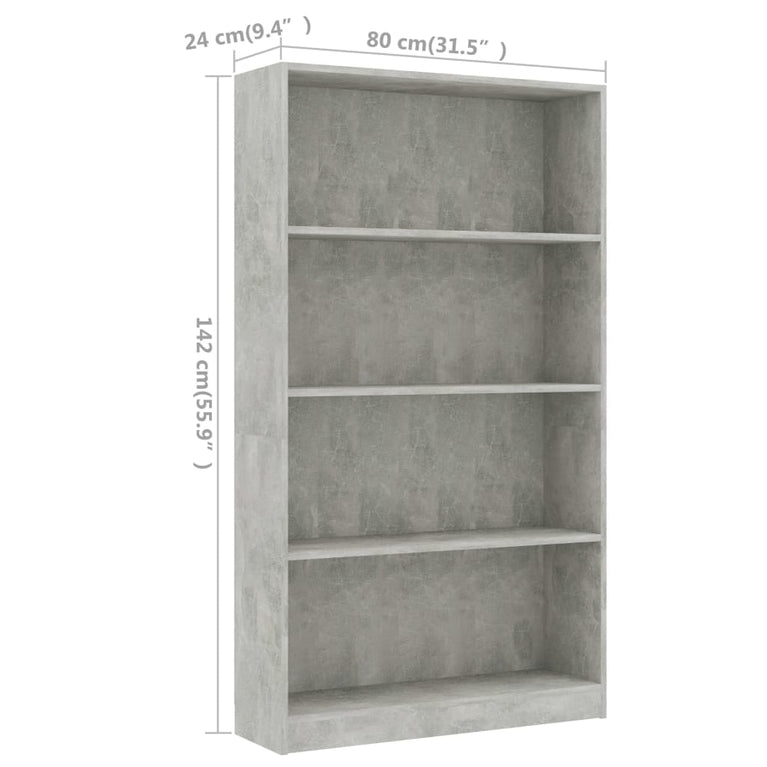 Boekenkast met 4 schappen 80x24x142 cm bewerkt hout betongrijs MeubelReus