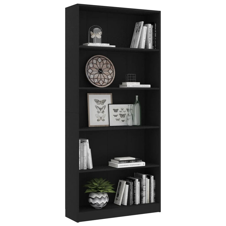 Boekenkast met 5 schappen 80x24x175 cm bewerkt hout zwart MeubelReus