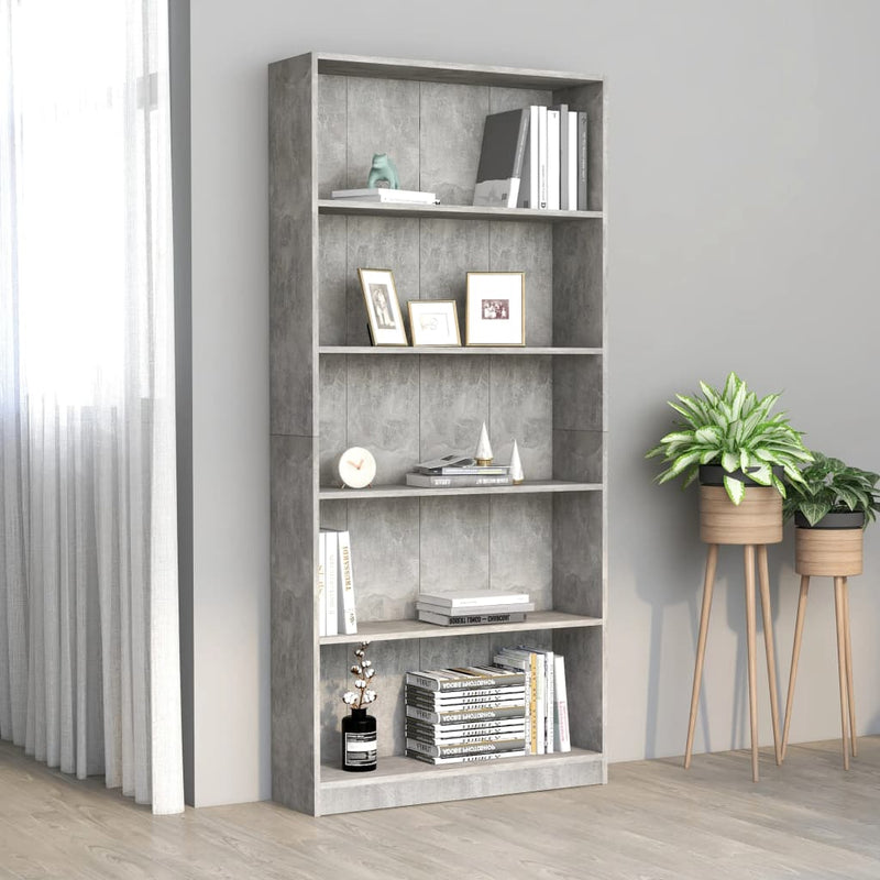 Boekenkast met 5 schappen 80x24x175 cm bewerkt hout betongrijs MeubelReus