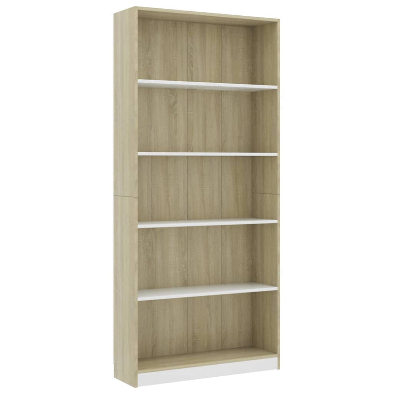 Boekenkast met 5 schappen 80x24x175cm bewerkt hout wit en eiken
