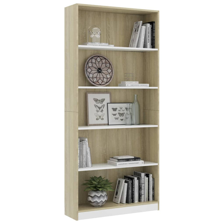 Boekenkast met 5 schappen 80x24x175cm bewerkt hout wit en eiken