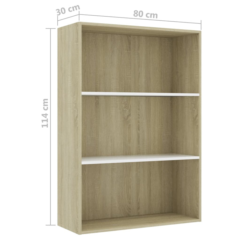Boekenkast 3 schappen 80x30x114 cm spaanplaat wit sonoma eiken