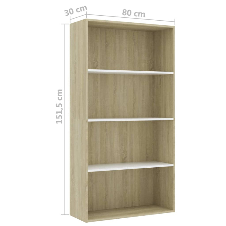 Boekenkast met 4 schappen 80x30x151,5 cm hout wit sonoma eiken