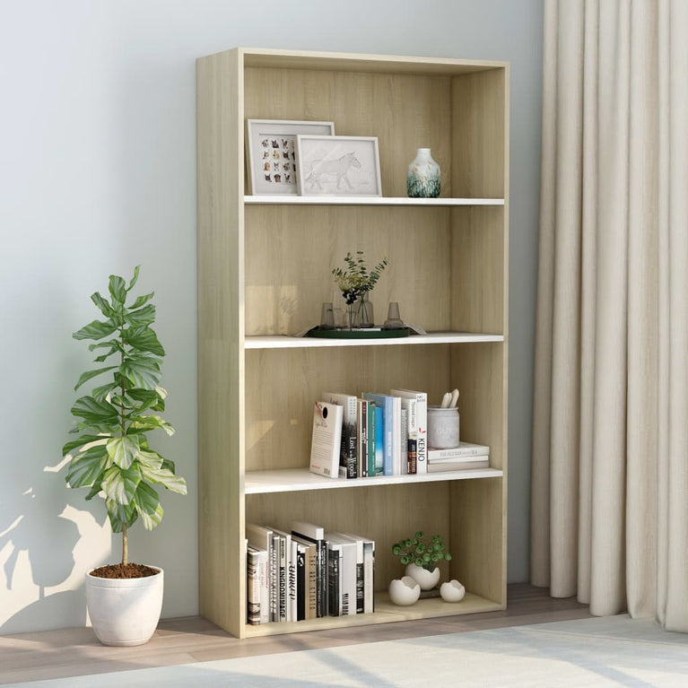 Boekenkast met 4 schappen 80x30x151,5 cm hout wit sonoma eiken
