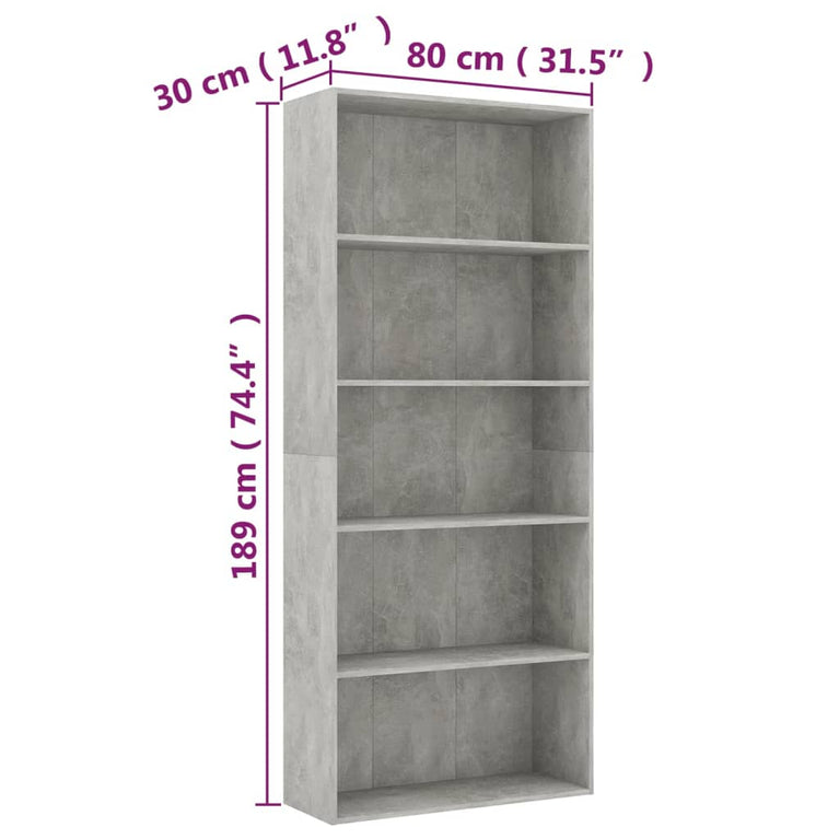 Boekenkast met 5 schappen 80x30x189 cm spaanplaat betongrijs MeubelReus