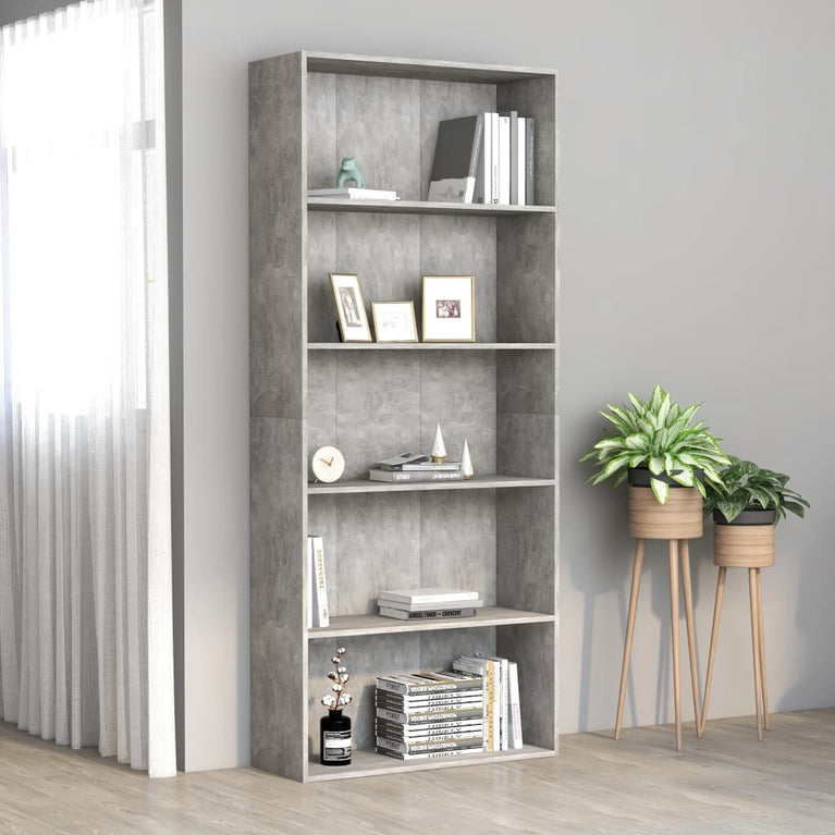 Boekenkast met 5 schappen 80x30x189 cm spaanplaat betongrijs MeubelReus