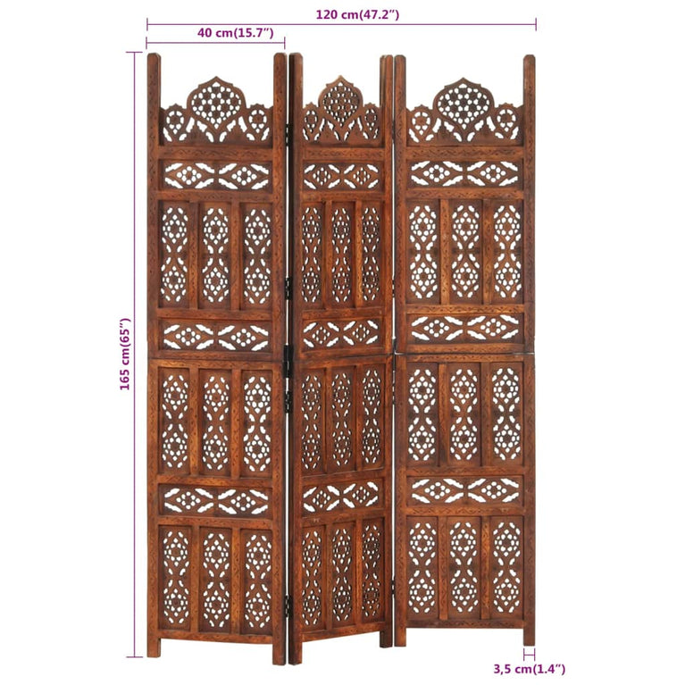 Kamerscherm 3 panelen handgesneden 120x165 cm mangohout bruin