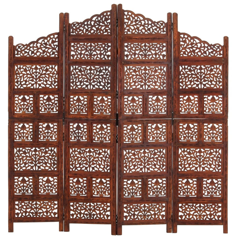 Kamerscherm 4 panelen handgesneden 160x165 cm mangohout bruin