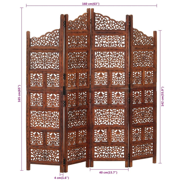 Kamerscherm 4 panelen handgesneden 160x165 cm mangohout bruin