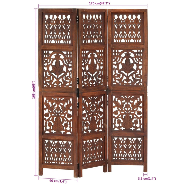 Kamerscherm 3 panelen handgesneden 120x165 cm mangohout bruin