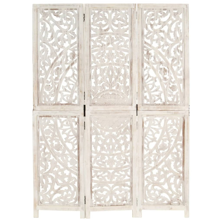 Kamerscherm met 3 panelen handgesneden 120x165 cm mangohout wit