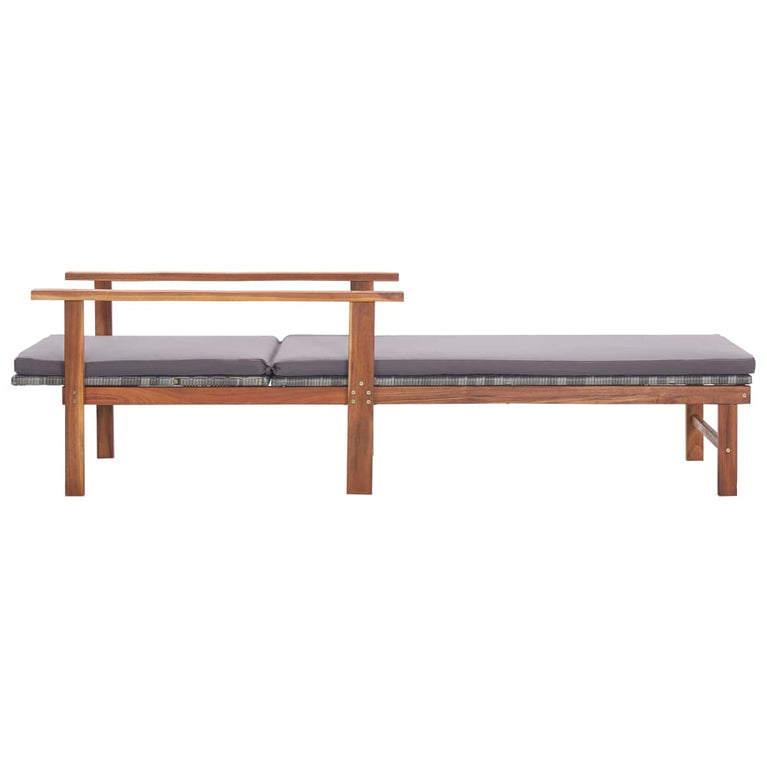 Ligbed met kussen poly rattan en massief acaciahout grijs MeubelReus