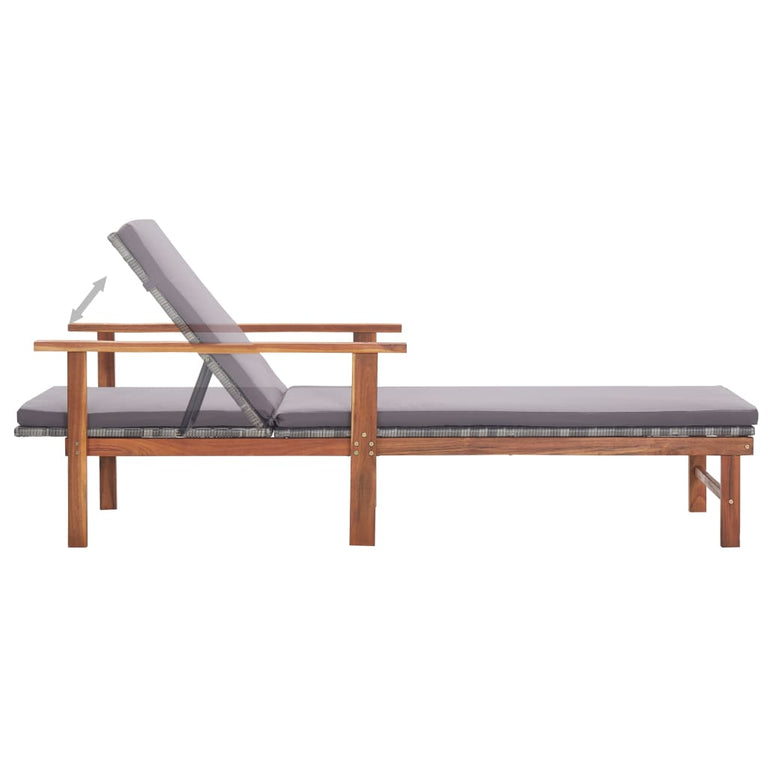 Ligbed met kussen poly rattan en massief acaciahout grijs MeubelReus