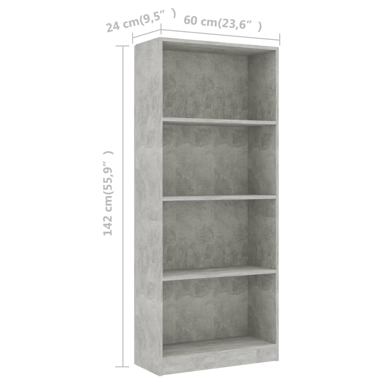 Boekenkast met 4 schappen 60x24x142 cm bewerkt hout betongrijs MeubelReus