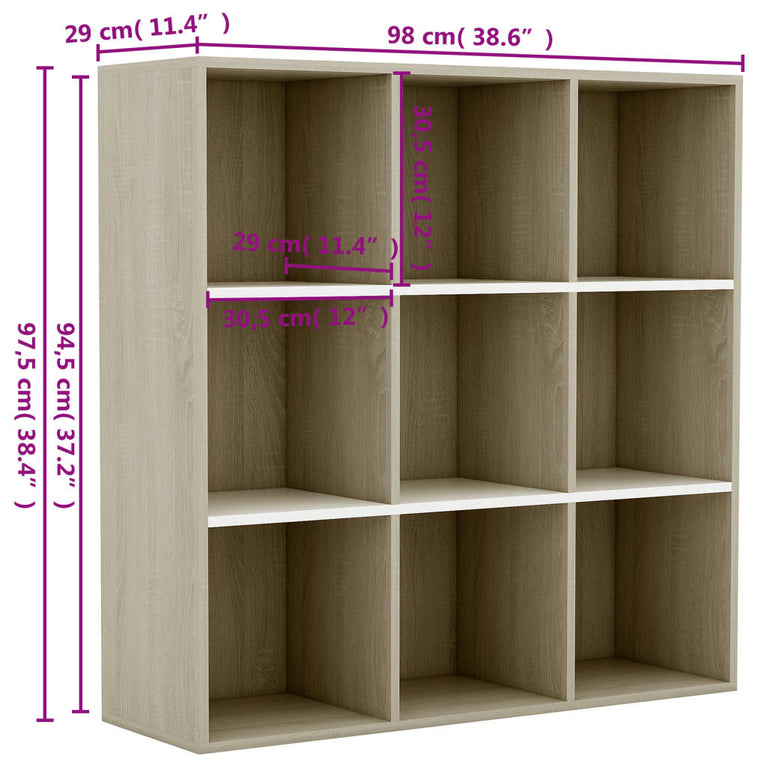 Boekenkast 98x30x98 cm spaanplaat wit en sonoma eikenkleurig