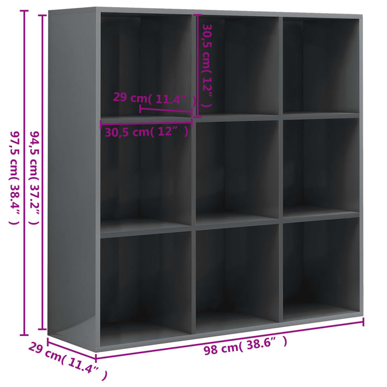 Boekenkast 98x30x98 cm spaanplaat hoogglans grijs