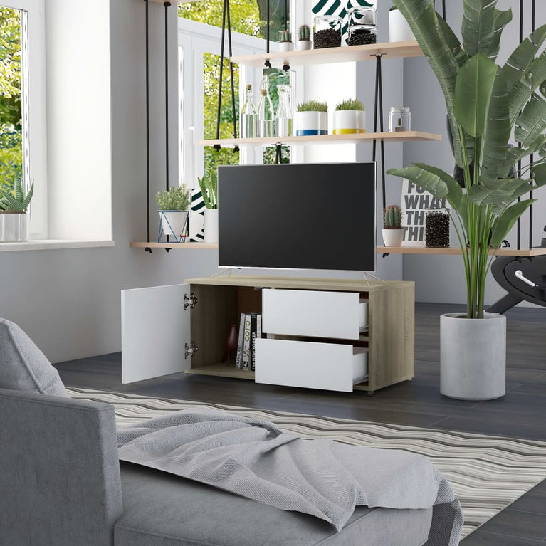Tv-meubel 80x34x36 cm spaanplaat wit en sonoma eikenkleurig