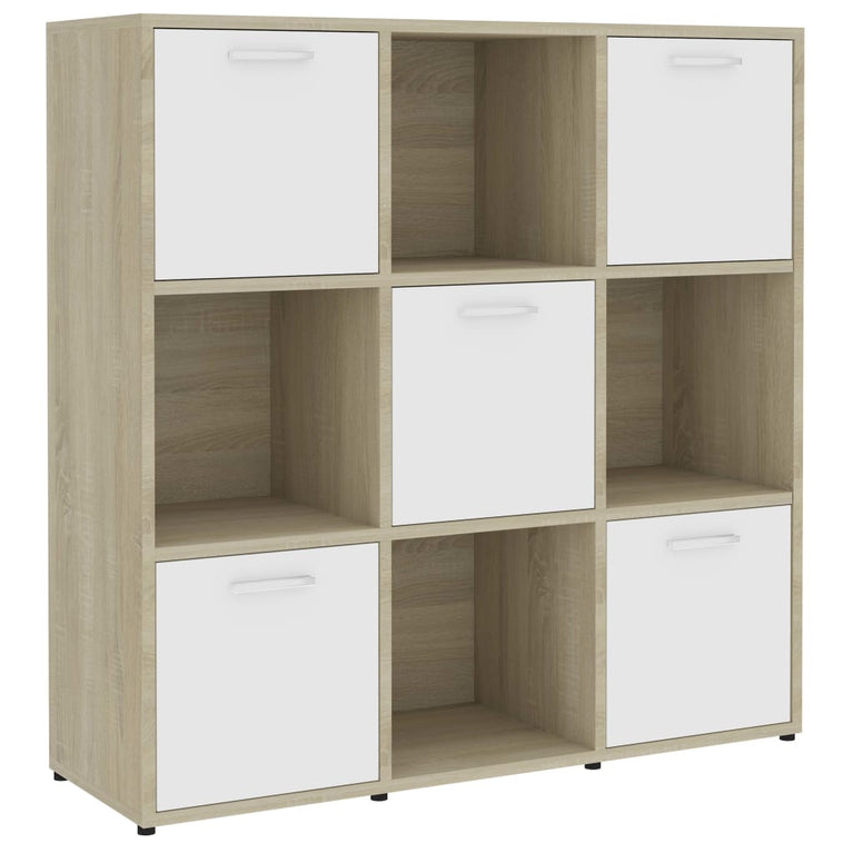 Boekenkast 90x30x90 cm spaanplaat wit en sonoma eikenkleurig